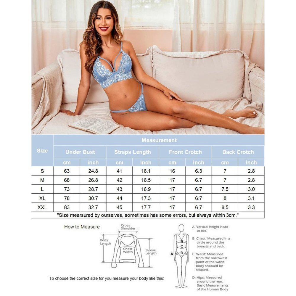 2 Piece Lace Babydoll Sexy V Neck Bra and Panty Sets - Light Blue - Picture 4 of 4